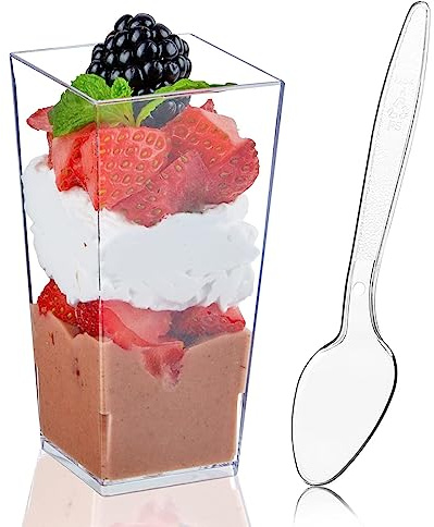 MEETOZ 50 Pack 3oz Dessert Cups, Mini Dessert Cups with Spoons | 90 ml/3 oz Clear PP Parfait Cup, Mini Pudding Cups, Appetizer Shooter Glasses for Mousse Trifle Fruit Pudding