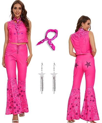 AYYOHON Cowgirl Costume 70s 80s Hippie Disco Outfits Pink Vest Top Flare Pant Halloween Margot Robbie Cosplay for Women 3XL