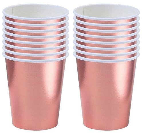 16 bicchieri di carta metallica in oro rosa per Natale, decorazione di servizio da tavola in oro rosa, piatti metallici in oro rosa per Natale, forniture per feste in oro rosa, decorazioni da tavola