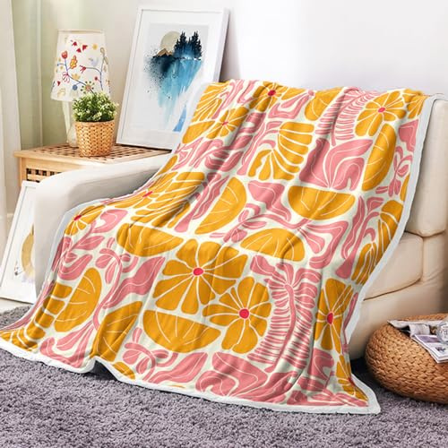DeeCabin Boho Abstract Colorful Floral Throw Blanket, Vintage Retro Patchwork Orange Pink Flower Botanical Geometric Aesthetic Groovy Flannel Throw Blanket for Chair Bed Sofa Couch, 50X60IN