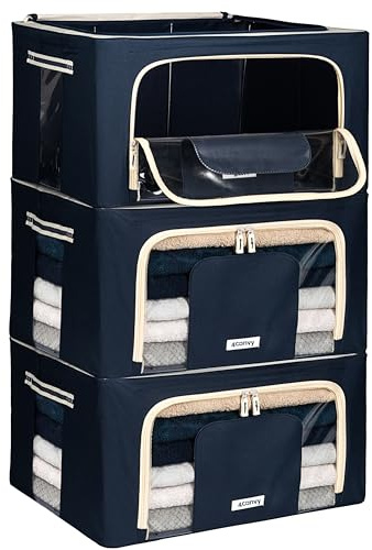 4CONVY Kleideraufbewahrung Kleiderschrank Box mit Reißverschluss Metallrahmen - große faltbare stapelbare Aufbewahrungsbox -3x24L Aufbewahrungstaschen - Kleiderbox für Bettdecke Kleidung Aufbewahrung