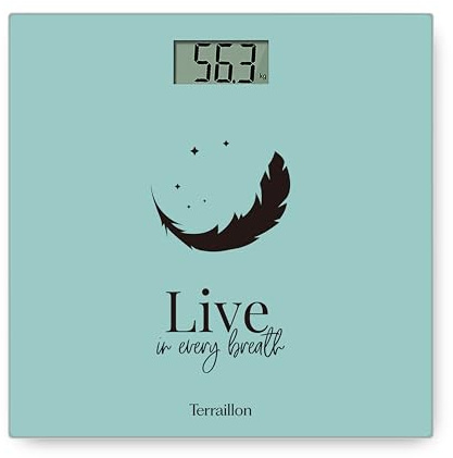 Terraillon Pèse personne ONE PASTEL - LIVE- Compact et ultra plat 27cm x 27 cm-Plateau verre-Ecran LCD-Capacité 160Kg-Graduation 100g -Sérigraphie Vert d'eau
