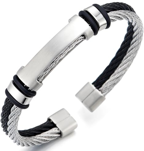 COOLSTEELANDBEYOND Doppel Verdrillten Draht Silber Schwarz, Herren Edelstahl Manschette Armreif ID Identifikations Armband, Verstellbare