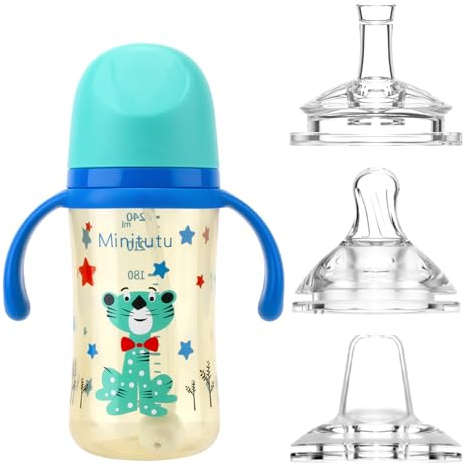 Qshare 3 in 1 Bicchiere Antigoccia Bambini Tazza con Cannuccia e Beccuccio 240ml,Tazza Learn To Drink Cup con Cannuccia ponderata e anti-fuoriuscita per Bambino 6 9 12 Mesi (Blu)