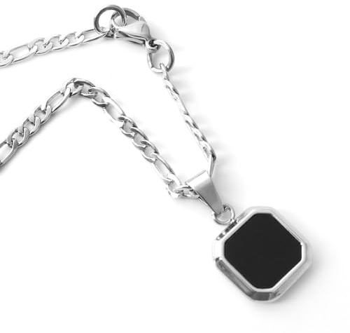 Collier avec pendentif en onyx noir, pendentif en pierre, collier pour homme, chaîne en acier inoxydable, bijou pour homme, collier en argent, 50,8 cm, One Size Fits All, Acier inoxydable