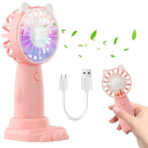 Litinliv Portable Hand Held Fan, Handheld USB Rechargeable Fans with 3 Speeds, Cute Handheld Fan, Mini Fan Desk Desktop Fans with Cellphone Stand for Home Office Bedroom Outdoor Travel (Pink)