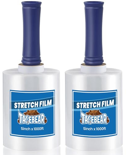 TAPEBEAR Stretchfolie mit Griff 127mm x 305m, Transparente Wickelfolie Mini-Hand-Stretchfolie Palettenfolie Kunststofffolie Verpackungsfolie Schrumpffolie für Möbel Versand, 2 Rollen