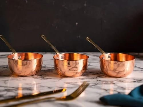 ALFIQ Set of 3 Solid Copper Melting and Serving Pot (3 x 150 ml) | Handmade Hammered 100% Solid Copper Pots Set
