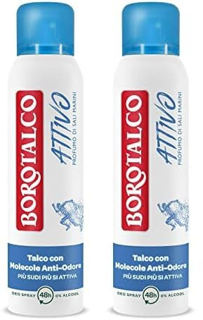 Borotalco, Deodorante Spray Attivo Blu, Formula Senza Alcool e con Talco con Molecole Anti-Odore, Efficacia Fresca, 48h di Efficacia, Profumo di Sali Marini - 1 Flacone da 150ml (Confezione da 2)