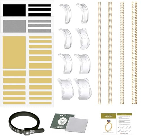 YPYMOD 17Pcs Ajusteurs pour Bagues, Réducteur de Taille de Ajusteur Bague Invisiblee, Ajusteur Bague avec Chiffon de Polissage Règle de Mesure, Reducteur Bague pour Presque Toutes Les Bagues(Or)