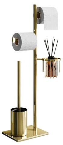 Porta carta igienica Set in acciaio inox dorato, autoportante, completo di scopino WC e cestino porta oggetti, perfetto per organizzare il bagno con eleganza e praticità
