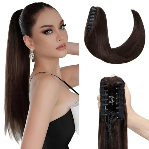Elailite Extensions Echthaar Pferdeschwanz 45cm Ponytail Haarverlängerung Haarteile mit Klammer Remy Glatt Zopf Human Hair #02 Dunkelbraun
