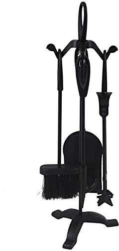 SnamicE Ensemble de cheminée autonome 5 pièces en fer forgé avec support, brosse, pelle, tisonnier