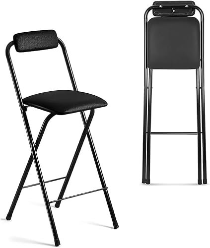 Sgabello pieghevole imbottito in pelle nera con schienale alto 74,9 cm altezza bancone sgabello pieghevole per bar sedia portatile con piedini antiscivolo