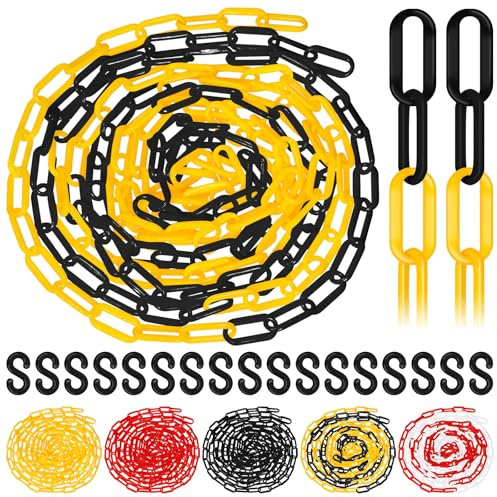 Glarks 21pcs 5M x 6mm Plastic Chain Barrier with S Hooks, Yellow-black Plastic Chain Links, Safety Barrier Chain, Weatherproof Plastic Safety Chain for Crowd Control, Queue Line, Parking