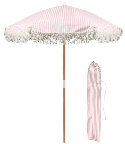Harbour Housewares 1.4M Parasol de Jardin en Bois avec Franges à Pampilles - Rayures Rose Pastel - 1x UPF30+ Étanche Portable Autoportant Plein Air Patio Soleil Parapluie Auvent avec Sac de Transport