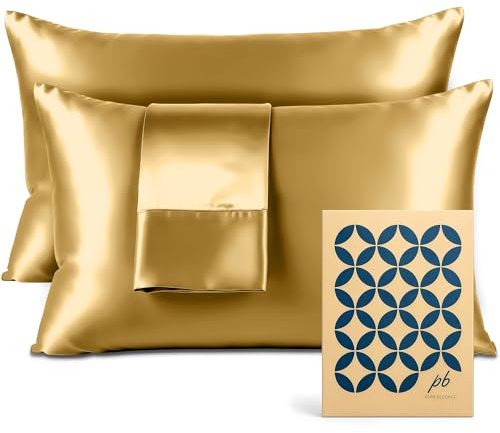 Pure Bedding Satin Pillowcase 2 Pack - Queen Size (20x30, Gold) - Silky Pillow Cases for Hair and Skin - Satin Pillow Covers with Envelope Closure - Extra Soft Premium Microfiber