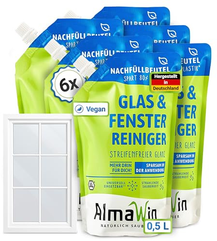 AlmaWin® Glas & Fenster Reiniger Nachfüllbeutel [6x 0,5L] für streifenfreien Glanz - Glasreiniger ideal für Fenster, Spiegel, Auto & Mehr - Glas & Fensterreiniger Spray - 100% Natürlich & VEGAN