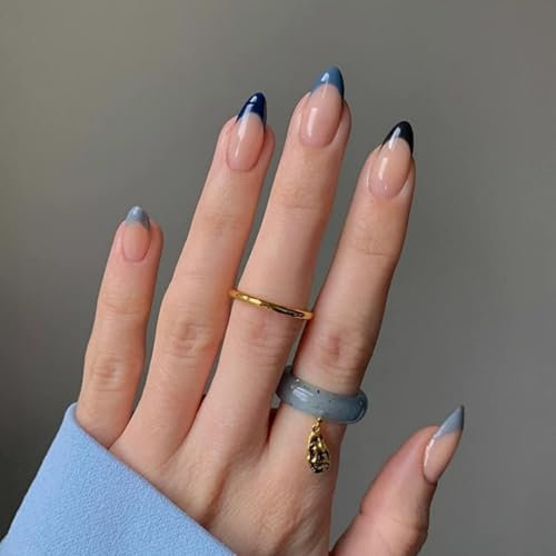 SXVME Blue French Tip False Nails Medium Short Oval, Natural Nude Press on Nails Short Round with French Tips Designs, Glossy Gel Finish Acrylic Nails Press Ons for Women Daily Wear 24 Pcs