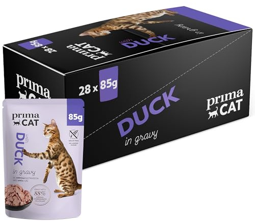 PrimaCat – klassiskt våtfoder för katter, anka i steksås, 28-pack med 85 g vardera