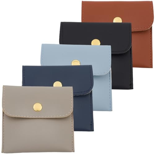 CALFOVERA Pochette de Rangement en Cuir PU pour Bijoux 5 Couleur avec Bouton Pression Mini Rouge à Lèvres Pochette d'emballage pour Bijoux Organiseur de Poche pour Boucles d'oreilles Colliers