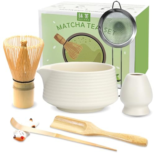 JBER Matcha Besen Set, Matcha Set 7-Teiliges - Bambus Matcha Whisk, Matcha Schale mit Auslauf, Matcha Besen Halter, Sieb, Löffel und Halter, Japanisches Matcha Zubehör für Matcha-Liebhaber, Beige Weiß