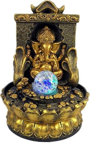 Ganesha Statues Tabletop Water Fountain, Zen Meditation Figurine Indoor Waterfall Feature with Illuminated Rolling Ball for Home Office Relaxation