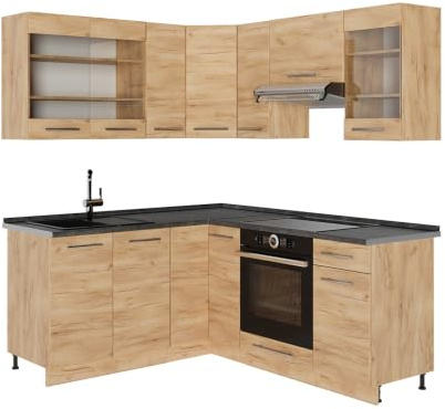 Vicco Eckküche Fame-Line, Goldkraft Eiche/Goldkraft Eiche, 190 x 160 cm | 10 Module · Höhenverstellbare Füße · AP Anthrazit inkl. · Robuste Fronten · Softclose · Metallgriffe