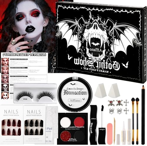 Afflano Goth Makeup Kit Halloween Costume, SFX Clown Goth White Foundation Face Paint, Lipstick Black Red Eyeshadow, False Eyelashes Nail Eyeliner Eyebrow Carnival Theater Emo Mime Ghost Gothic Makeup