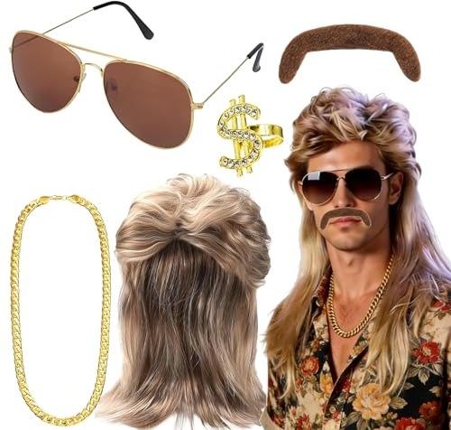Vokuhila Perücke Herren,Männer Vokuhila Perücke Set Braun Gold,5er Perücke Vokuhila,80er 90er Jahre Outfit Herrens,Wig für Faschingskostüme Männer Karneval Halloween Cosplay Party