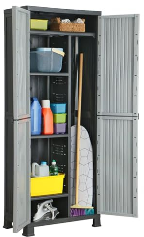 Hoopleep Kunststoffschrank Grau 68x39x171,5 cm, Robuster Aufbewahrungsschrank für Speisekammer, Küche, Büro, Mehrzweckschrank mit 2 Türen, einfache Montage