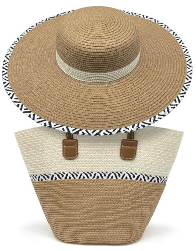 Pahajim Damen Strohtasche und Strohhut 2-teiliges Set, Handtasche Geflochten Strandtasche mit Reißverschluss Stroh Tote Bag für Sommer