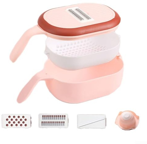 Picador de verduras multiusos con 3/6 para cuchillas de acero inoxidable, incluye cesta de drenaje, cortador de frutas y cortador de verduras para comodidad de cocina (rosa 3)