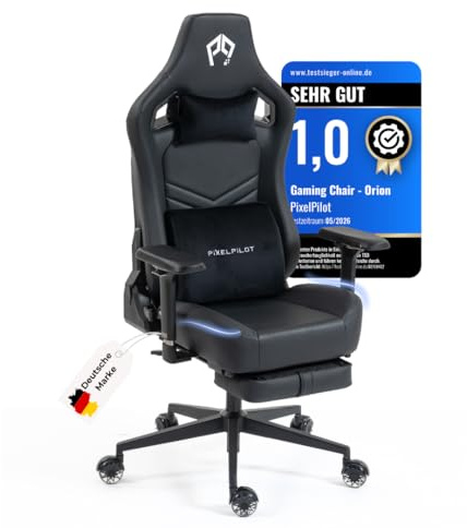 PixelPilot®Ergonomischer Gaming Stuhl Chair mit 4D-Armlehne, Fußstütze, Kopf- und Lendenwirbelstütze, Gamer PC Stuhl [breite Sitzfläche] Bürostuhl 150 kg Belastbarkeit (Orion, Kunstleder)