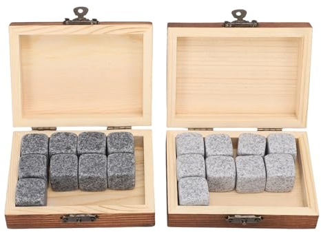 Semme Ensemble de Pierres à Whisky, Pierres de Refroidissement Réutilisables Non Diluantes pour Cocktails au Vin et au Whisky, avec 18 de Granit et 2 Boîtes en Bois (Ensemble 2 pièces)