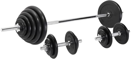 GORILLA SPORTS® Hantelset 100 kg mit Langhantel und 2 Kurzhanteln | 18 gummierte Gusseisen-Scheiben, 30 mm, mit gerändelten Griffen und 6 Sternverschlüssen, bodenschonend und geräuscharm