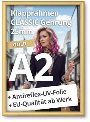 net-xpress® A2 Klapprahmen DIN A2 Plakatrahmen 25 mm gold | mit Antireflex-UV-Folie | Posterrrahmen aus Alu mit Gehrungsecken | inkl. Schrauben & Dübel | Wechselrahmen A2 Klapprahmen gold