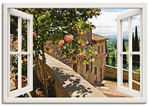 ARTLAND Wanddeko Leinwand Bilder Wandbild Fensterblick Fenster Toskana Landschaft Garten Rosen Balkon Natur T5QC