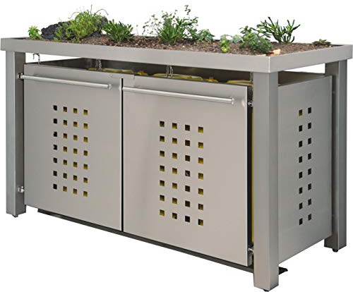 reinkedesign Mülltonnenbox 1 x 240 l + 2 x 120 l | Typ E | Pflanzenwanne, Edelstahl, Edelstahlpfosten | T-Design | Made in Germany