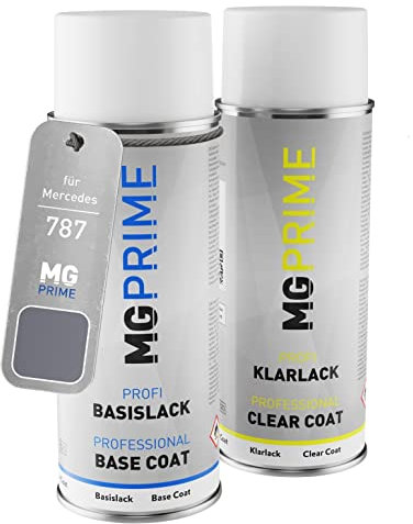 MG PRIME Autolack Sprühdosen Set für Mercedes 787/7787 Mountaingrau Metallic/Mountain Grey Metallic Basislack Klarlack Spraydose 400ml