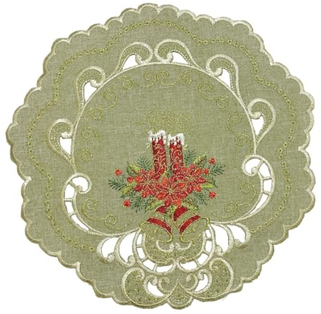 Tischläufer Tischdecke Mitteldecke Weihnachtsdecke gestickt mit Kerzen und Weihnachtsglocken Leinen-Optik Grün Beige (30 cm rund)