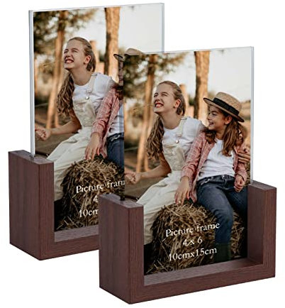 RLAVBL Doppelseitiger Bilderrahmen 10x15 cm aus Glas mit einer braunen Holzunterlage für Tischplatte, 2er Set