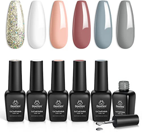 Beetles Winter Gel Nail Polish Set- 6 Colours White Nude Grey Soak Off UV Cured Gel Manicure Art Gift for Women