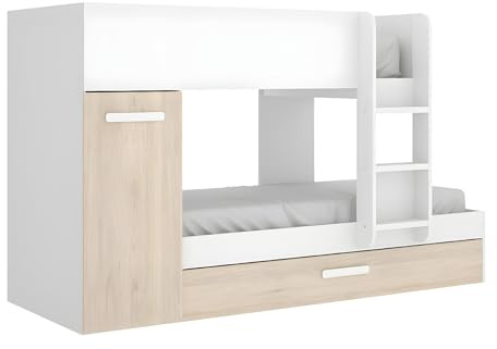 DEKIT GRUPO RIMOBEL TOM - Cama trem con armario y cama arrastre - Blanco/Natural - 150 x 244 x 112