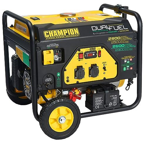 Champion Power Equipment Stromaggregat Benzin + Gas (2800 Watt, tragbarer Dual Fuel Stromerzeuger, Generator mit integriertem Griff + Radsatz, 68 dB(A)) CPG3500E2-DF-EU