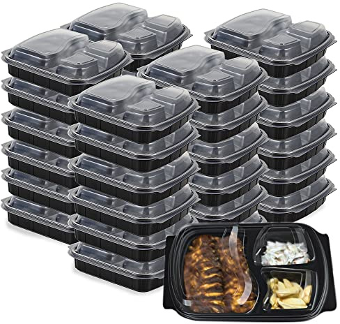 Sabco - 3 Compartment Reusable Meal Prep Containers Black Base with Lids BPA Free - Ideal for Batch Cooking Food Diet & Bodybuilding, Lunch Box, Takeaways & Airlines. (10)