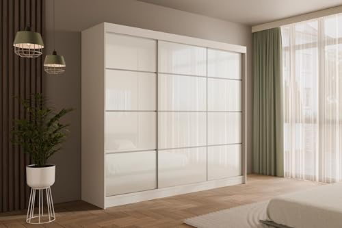 ALTDECOR Kleiderschrank mit Lacobel-Schiebetüren, kugelgelagerte Führungsschienen und Aluminium-Leisten - PEKA3-250 cm Weiß
