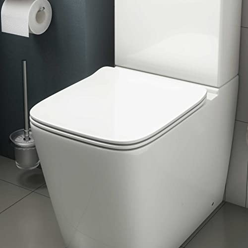Modern Bathroom Soft Close Square Toilet Seat White Gloss Slim Design Space Saving Top Fix Hinges WC for Use with PWCOMBI3 Easy Cleaning