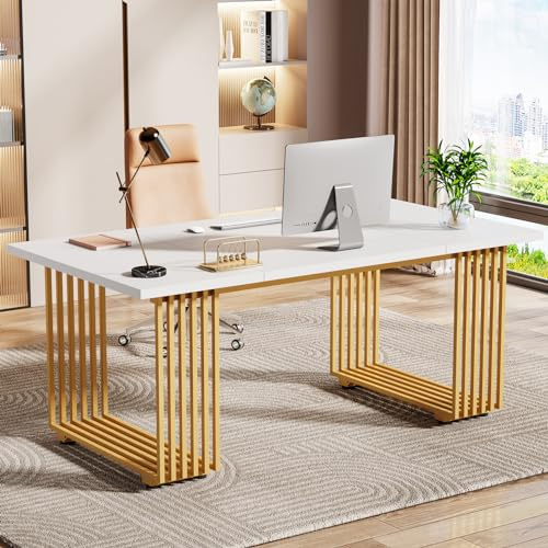 Tribesigns Scrivania per computer, 180 x 80 x 78 cm Scrivania moderna per ufficio Tavolo per PC, Tavolo da lavoro con gambe dorate per scrivanie domestiche, tavolo da conferenza, bianco e oro