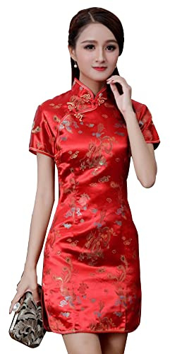 Cheongsam Dress for Women Qipao Slim Fit Short Sleeve Bodycon Mandarin Collar Side Slit Chinese Floral Print Dragon Dress, Red Dragon, M